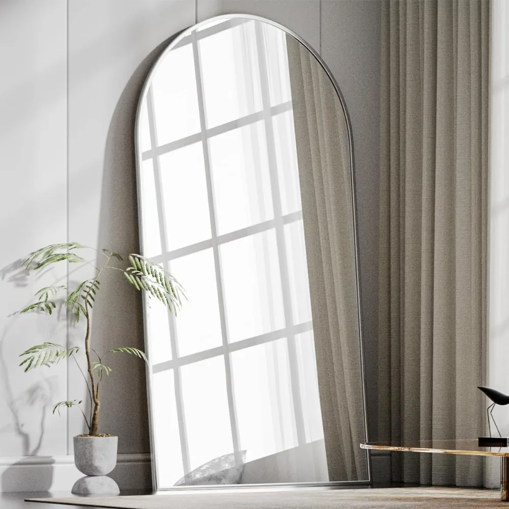 アーチ型トップの全身鏡、スタンド付き、76x34インチ、寝室用、壁掛けまたは置き型、エレガントなアーチデザイン