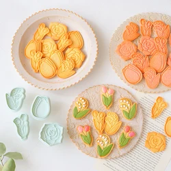 4Pcs 3D Flowers Cookies Cutters Plastic Cartoon Pressable Pastry molds Confectionery Cookie Stamp Kitchen Baking Pastry Tools