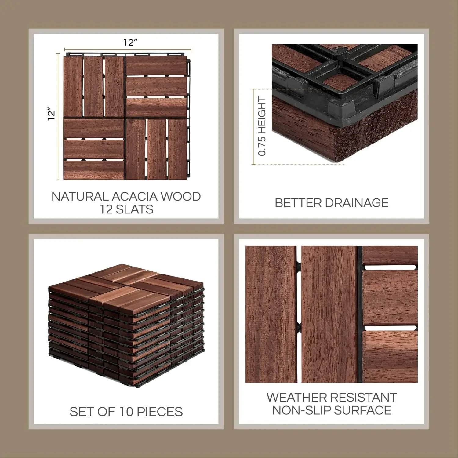 Acacia Wood Interlocking Deck Tiles (12