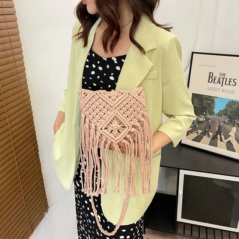 Neue Strohs ack böhmische Quaste Strand tasche Frauen häkeln Fransen Cross body ultraleichte Umhängetasche Frauen kleine Bolsos Feminina – Detail 30