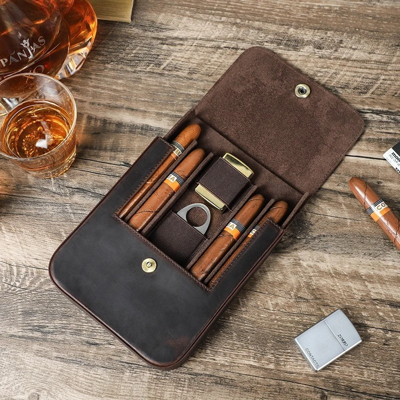 Cow Leather Cigar Humidor Travel Case Set All-In-One Cigar Accessory Organizer Magnetic Flap 4Slots Cutter Storage Bag Men Gift