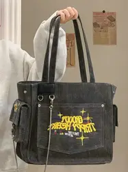 Yıkanmış kanvas işlemeli harfler taşınabilir Retro Vintage Tote yüksek kapasiteli omuz koltuk altı çantası alışveriş çantası kadın çantası