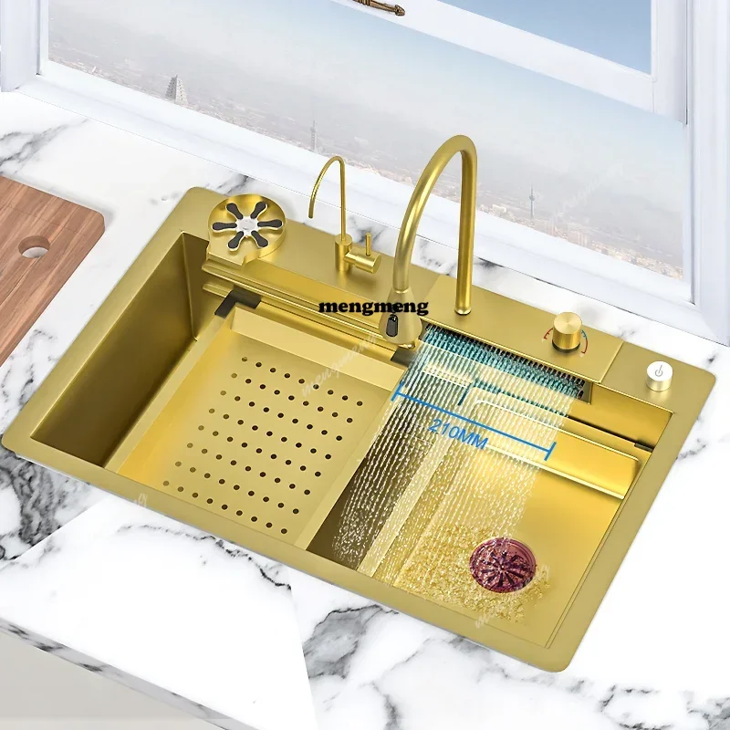 Hot Selling Waterfall Kitchen Sink Gold Nano 304 Stainless Steel Sink Large Single Bowl Modern Multifuctional