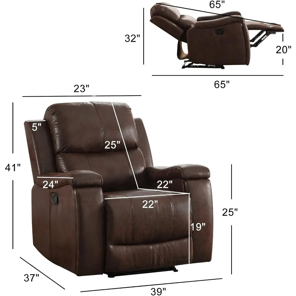 Classic and Traditional Manual Recliner Chair with Overstuffed Arms and Back, Manual Single Sofa with Concealed Cup Holders