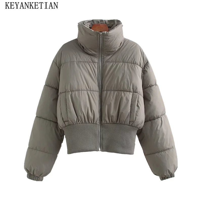 KEYANKETIAN 2024 New Women's Scarf collar Short Cotton Jacket Winter Street style Zipper Thick Warm Coat Outerwear Loose Blazer