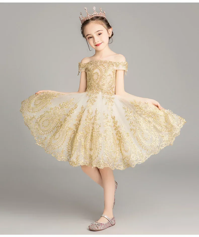 Golden Sequin Lace Girl Wedding Dress Off Shoulder Party First Communion Gown Kids Girl Pageant Princess Gown Flower Girl Dress