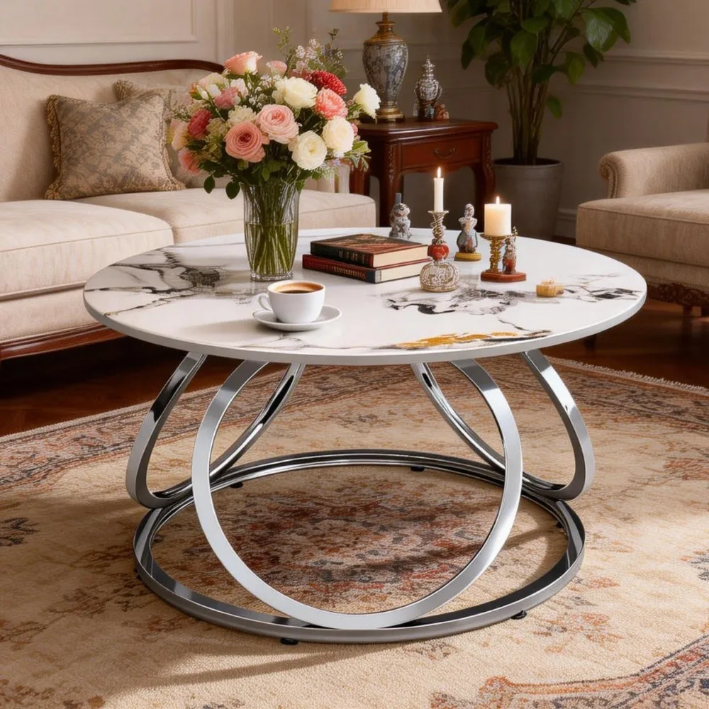 

Round Silver Coffee Table with Sintered Stone Tabletop and Circular Frame, Featuring A Modern Marble Texture,Customizable