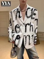 Fashion Designer Graffiti Pattern Mens Suit Jacket Single Breasted Loose Fit Long Sleeve High Street Causal Blazers Coat Male