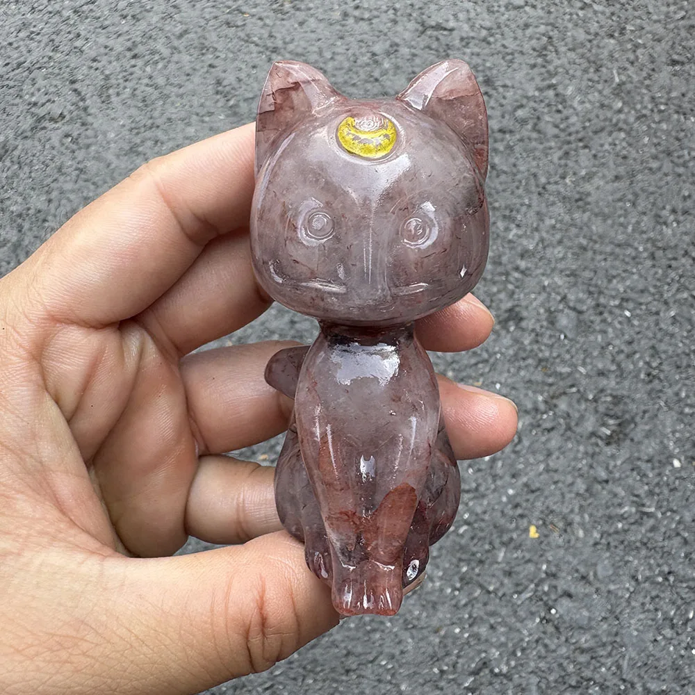 Custom Natural Red Hematoid Quartz Moon Cat Crystal Carving - 8cm Hand-Carved Gemstone Anime Character Statue