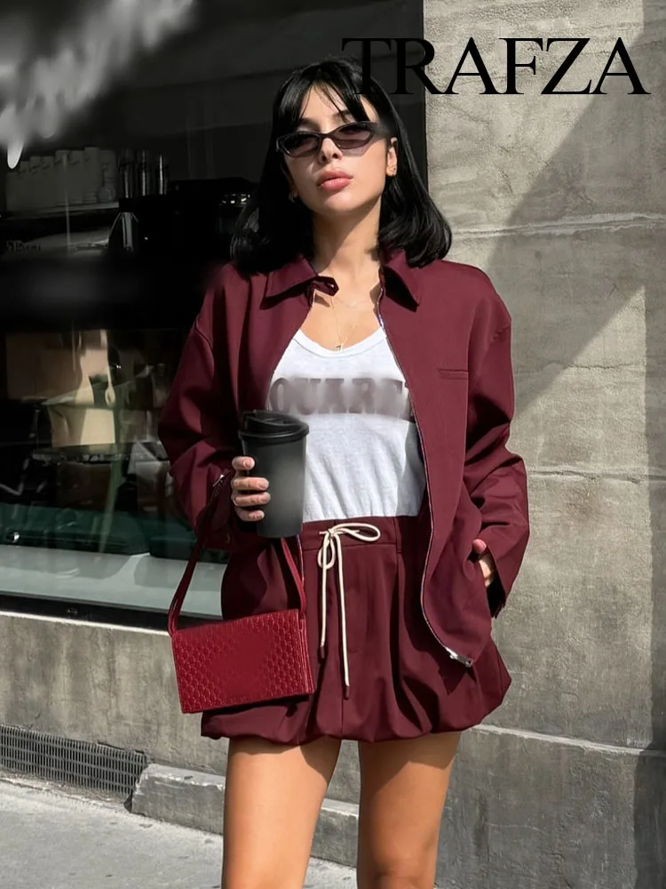 TRAFZA Female Sets Wine Red Turn-Down Collar Long Sleeves Zipper Jackets+High Waist Pockets Lace-Up Skirt Women Fashion Suits