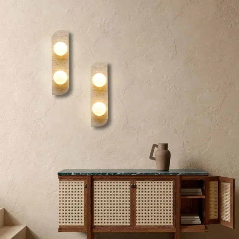 

2025 Retro Three Heads Natural Stone Art Wall Lamp Yellow Travertine LED Sconce White Glass Lampshade Atmosphere Corridor Lighti