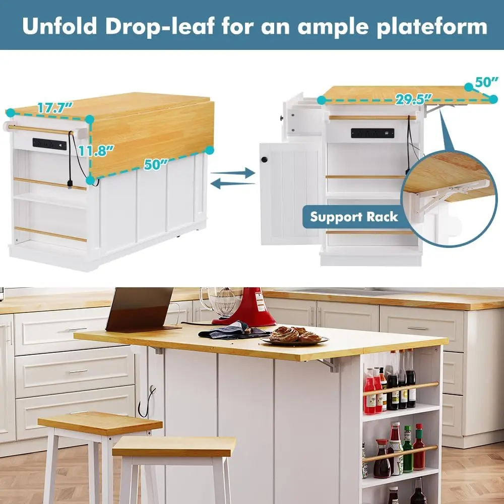 Rolling Kitchen Island with Storage, Kitchen Cart on Wheels with Drop Leaf, Mobile Kitchen Storage Cart with Power Outlet, Open