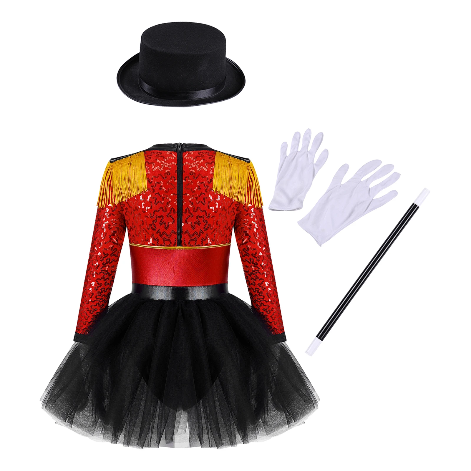 Girls Halloween Circus Ringmaster Cosplay Costume Long Sleeve Sequin Tassel Epaulet Leotard Tutu Dress +Hat Lion Tamer Dress Up