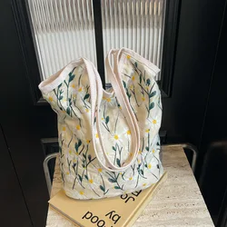 Daisy Embroidered Tote Bag Women Summer Large Capacity Cloth Bag Niche Embroidery Shoulder Bag Texture Bucket Bag Canvas Bag