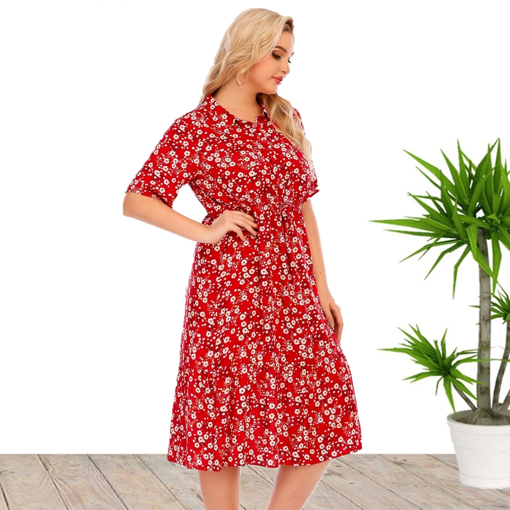 Plus Size New Arrival gorąca wyprzedaż z krótkim rękawem w szpic casualowa letnia wiskozowa sukienka Mide dla dużych kobiet