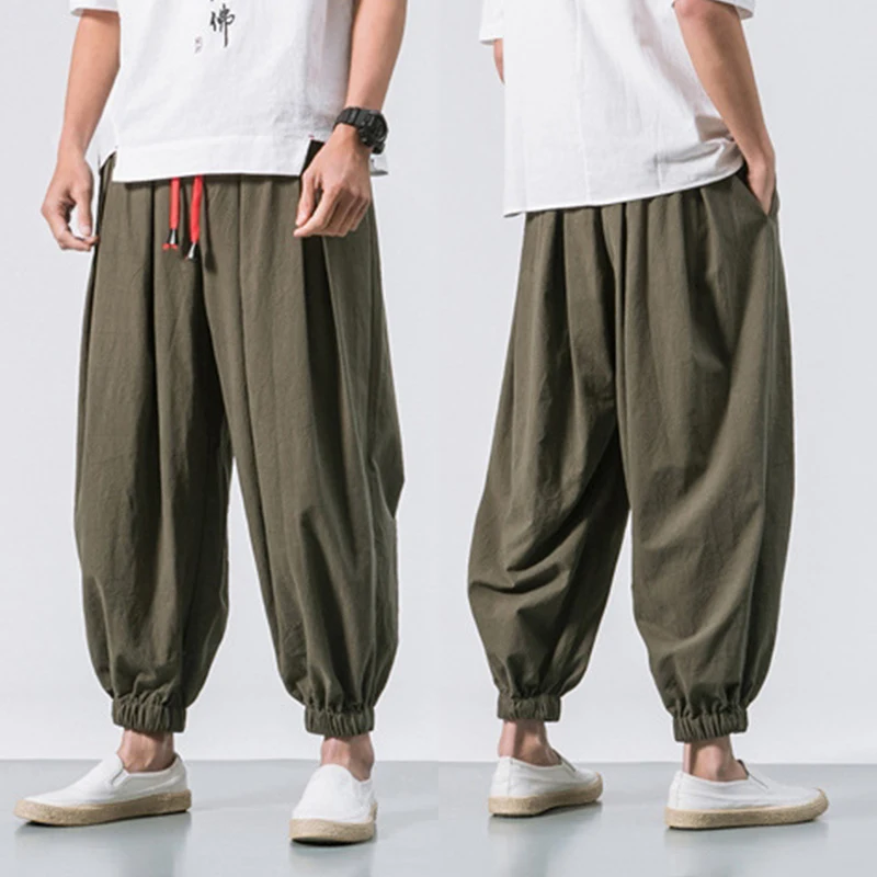 

New Fashion Harem Pants Men Hiphop Baggy Wide Leg Pants Streetwear Chinese Style Cotton and Linen Sweatpants Casual Trousers