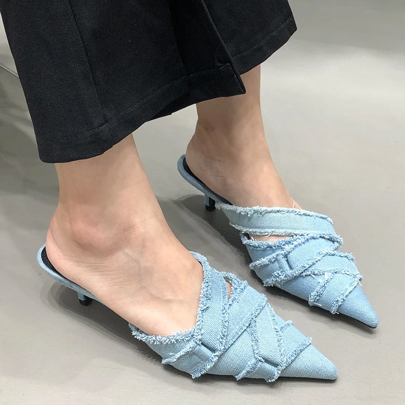 Zapatos de tacón medio para mujer, zapatos elegantes de mezclilla de diseñador a la moda, con punta puntiaguda, Mules deslizantes, 2023