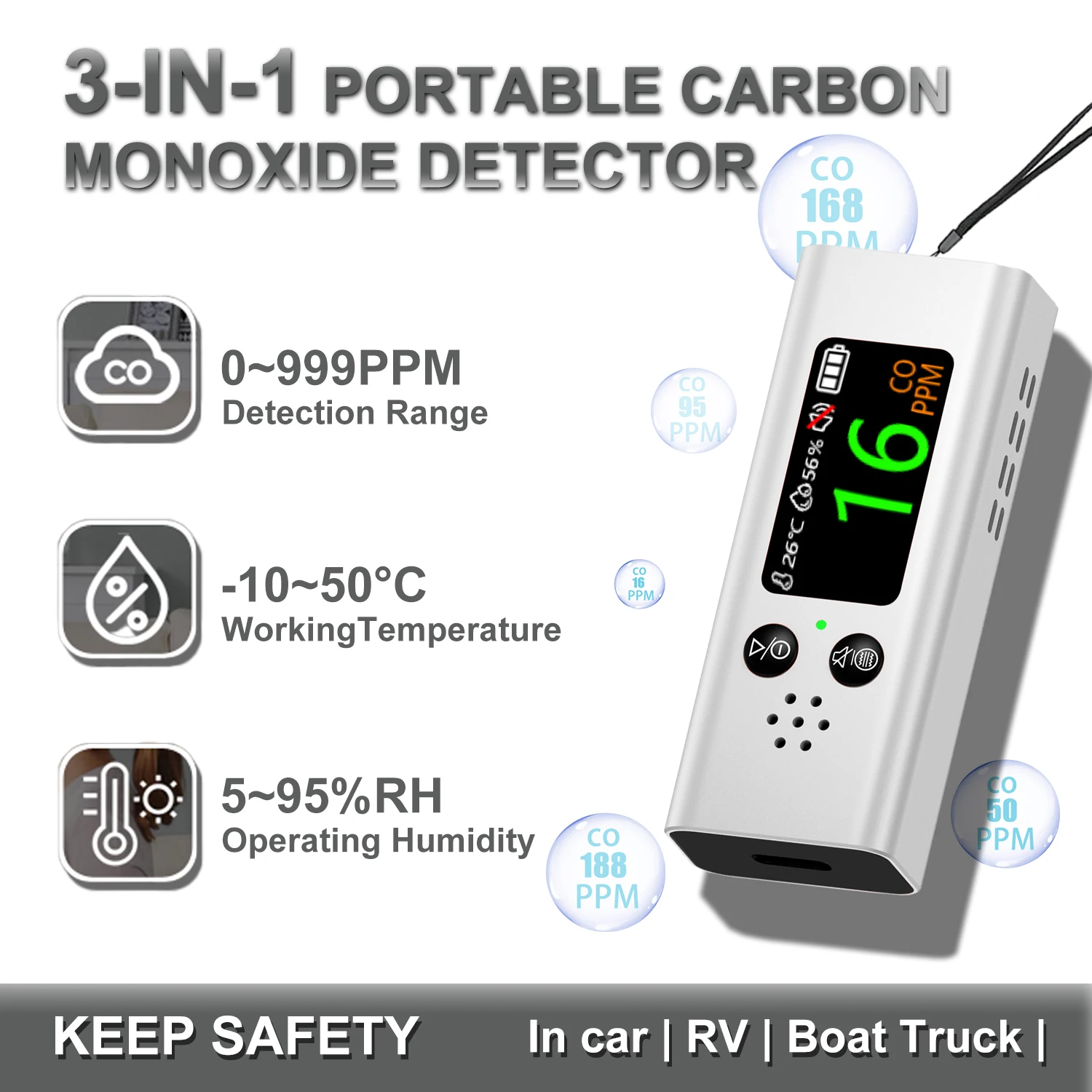 F1 Mini Carbon Monoxide Detector 3 in1 CO Air Quality Portable Monitor HD TFT Screen USB Charging for Indoor and Travel