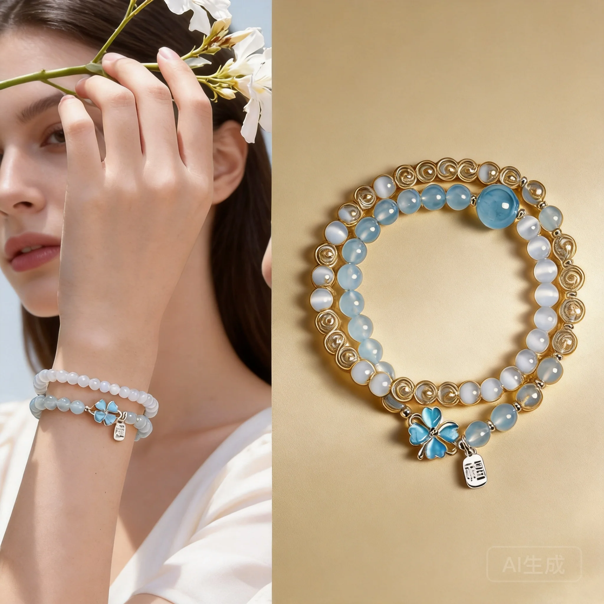Chinese Style Lucky Aquamarine Cat Eye Stone Four Leaf Clover Double Layer Beaded Bracelet Women Blessing Fortune Good Luck Feng