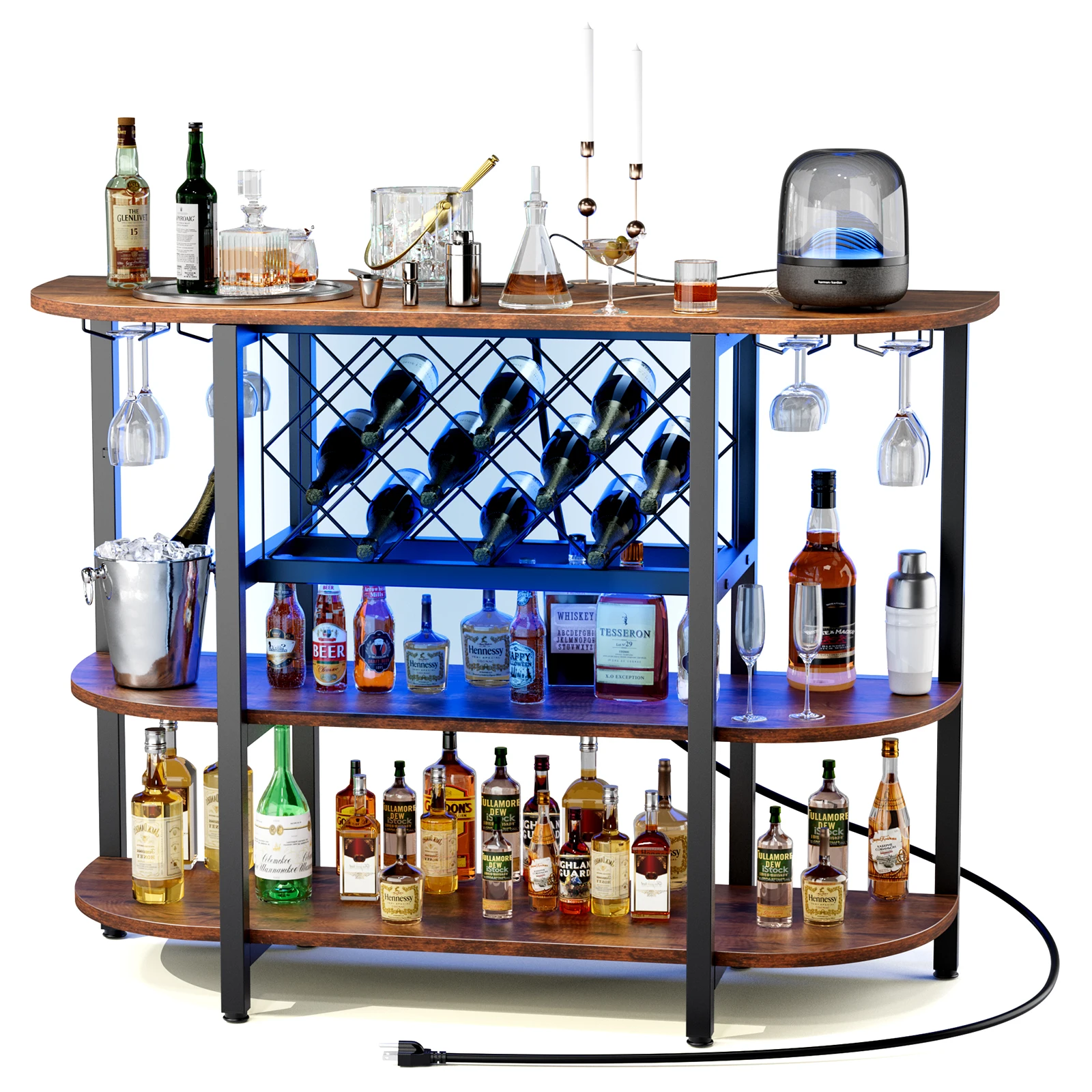 JHK LED Home Bar Cabinet with Storage Bar Cart with Charging Station Metal Wine Cabinet Liquor Cabinet Table with Glasses Holder and Wine Bottle Holder