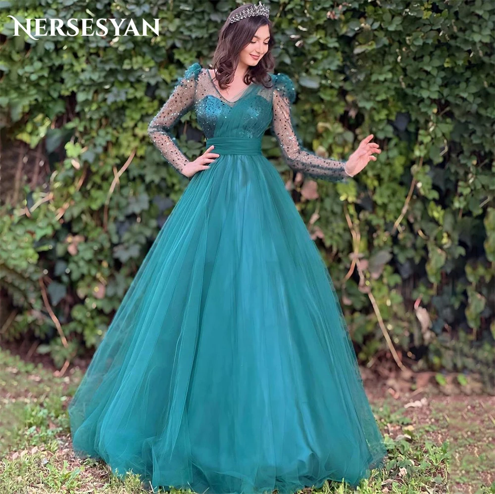 

Nersesyan Green Glitter Formal Evening Dresses V-Neck A-Line Pearls Cap Sleeves Prom Dress Sequins Pageant Sparkly Party Gowns