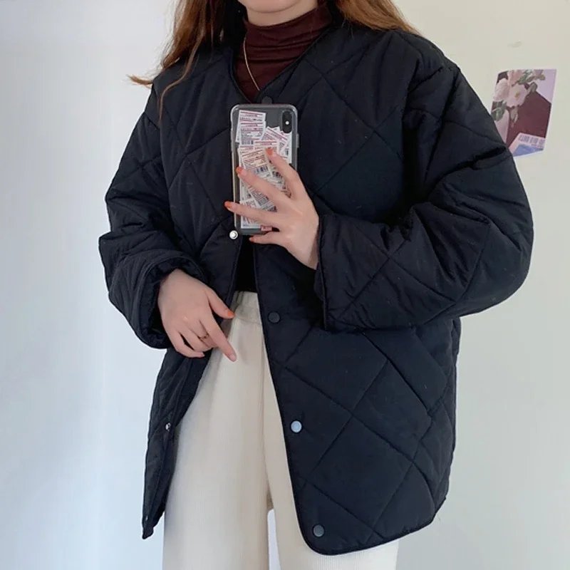 Korean Version Loose and Thin Round Neck Diamond Lattice Cotton-padded Jacket Simple Cotton-padded Jacket Women 2022 Winter New