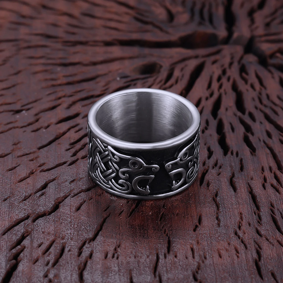 Vikings Stainless Steel Simple Double Wolf Head Ring Scandinavian Celts Knot Symbol Amulet Ring Handmade Punk Hip Hop Jewelry