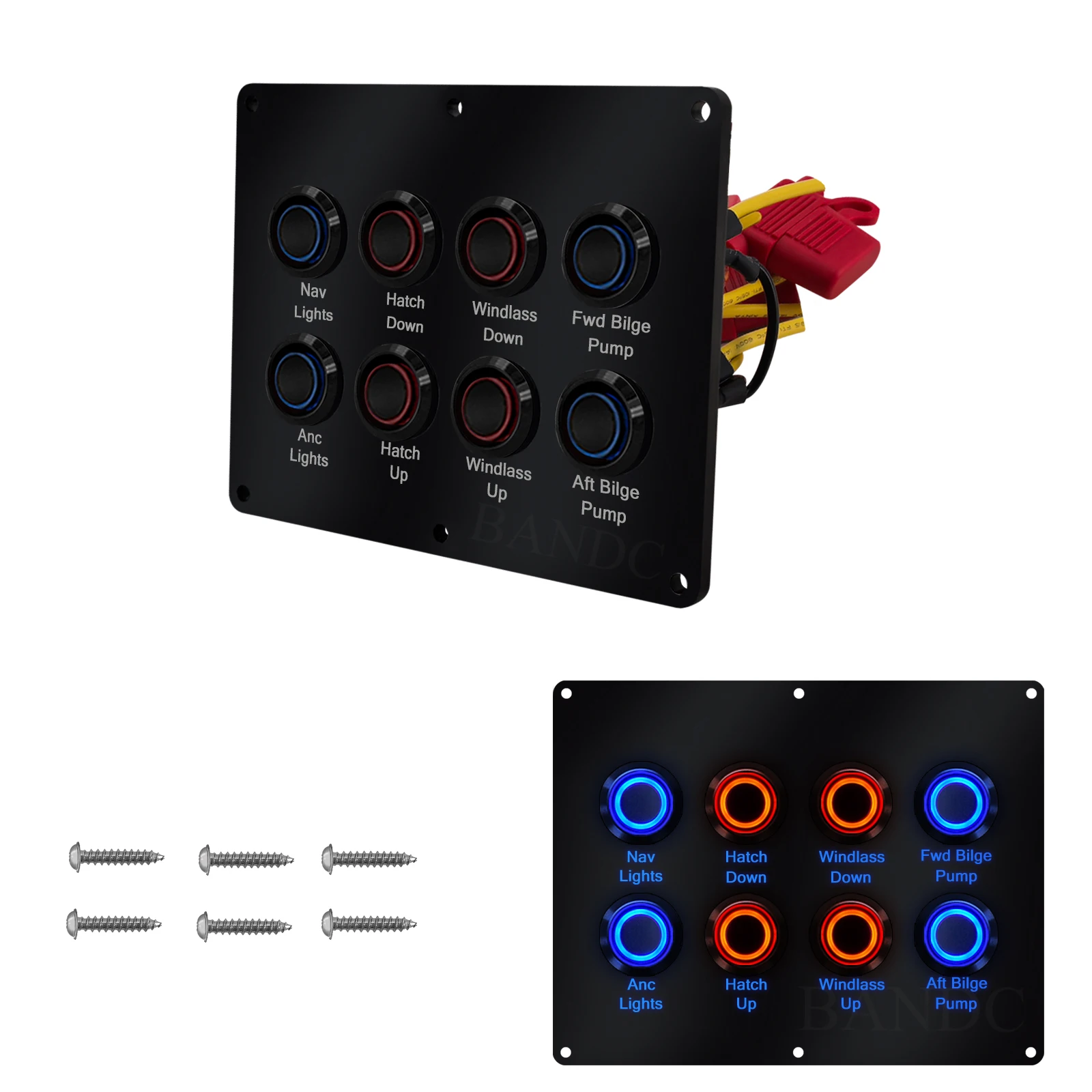 8 Gang Push Button Switch Panel IP67 Waterproof Pre-Wired Acrylic Panel with 15A Fuse Holders & LED Indicators For Boat Camper