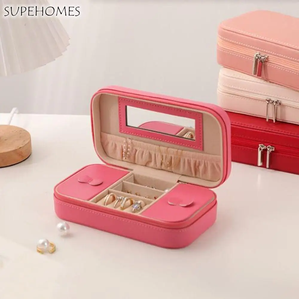 

Fashion PU Jewelry Box Double Layer Solid Color Travel Jewelry Case Waterproof Large Capacity Zipper Stotage Boxes Women