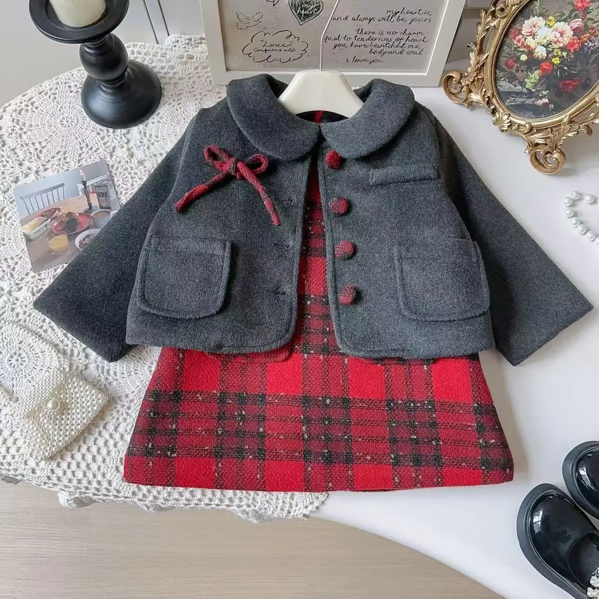 

2026 New Winter Girls' Outfit New Arrival Thickened Quilted Girls' Coat With Checkered Vest Dress Two-Piece Set