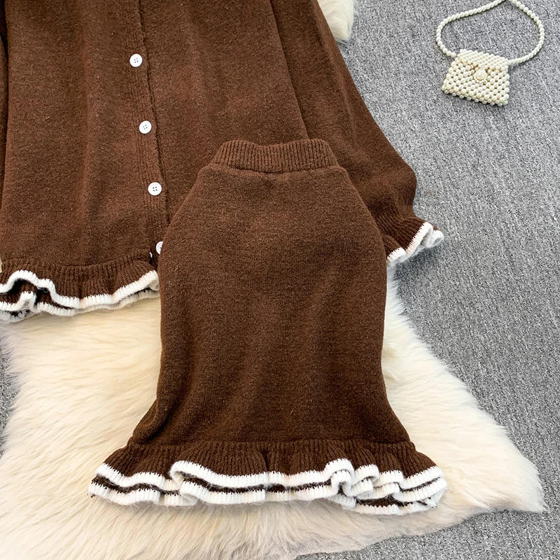 気質のあるカラーブロックニットのフリル付きラウンドネックカーディガンジャケット+ハイウエストスリムフィッシュテールハーフスカートセット