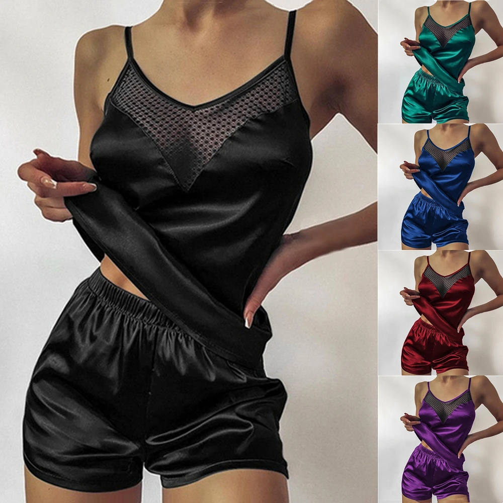 Classic Basic Lingerie Sleepwear For Women Transparent Babydoll Underwear Lace Satin Patchwork V-Neck Tank Tops Shorts Outfits