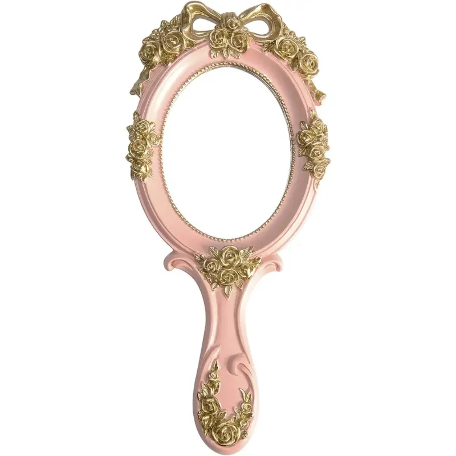 Specchio per trucco ovale portatile - Specchio cosmetico portatile da viaggio principessa in metallo con design a rosa goffrata - Scrivania decorativa