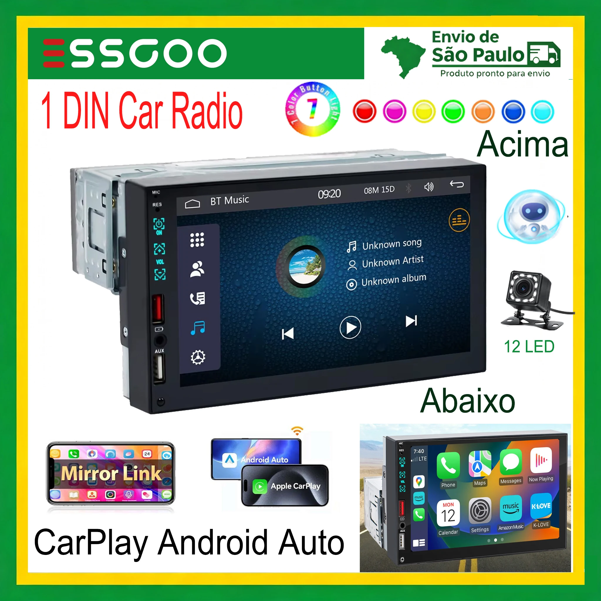 Rádio Automotivo 1 Din MP5 CarPlay Android Auto