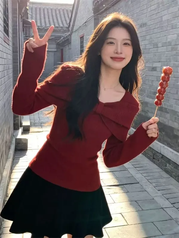 

Красный вязаный свитер с узлом, новинка сезона, женский, осенне-зимний, повседневный, в корейском стиле, стандартный...