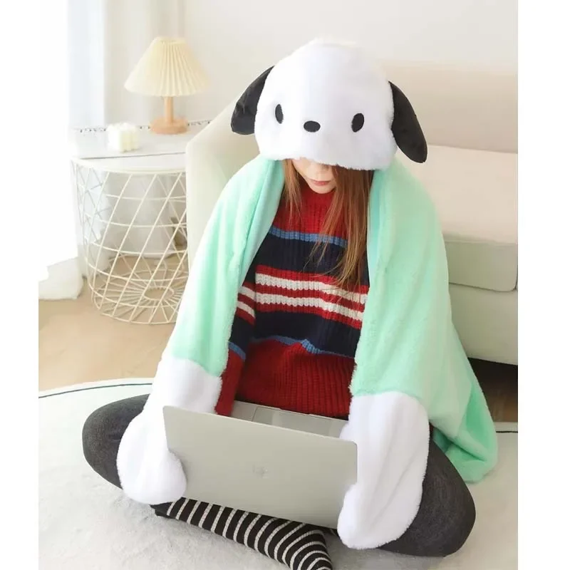 Anime Kawaii Miniso Sanrio Pochacco Hangyodon Cartoon Plushie Hooded Cloak Cute Plush Cape Office Air Conditioning Naps Blanket