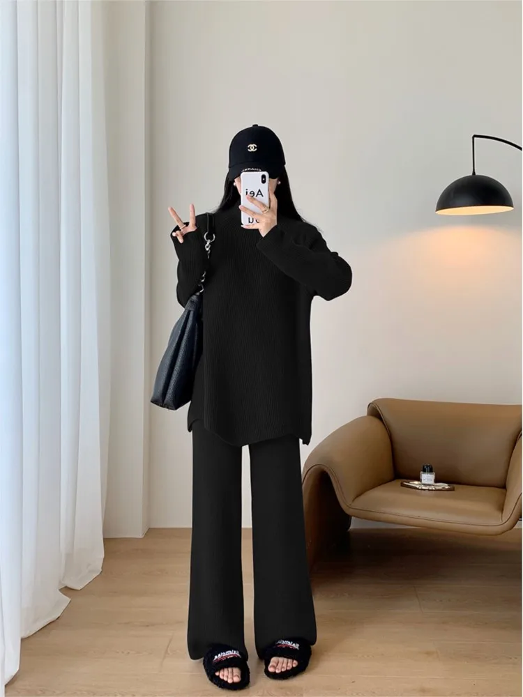 Knitted Autumn 2 Two Piece Set Women Casual Fashion Long Sleeve Ladies Sweaters Tops Loose Korean Style Woman Wide Leg Pants