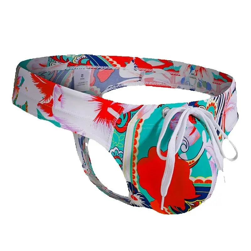 Mens Printing Swim Trunks Big Pouch Thongs Sexy Drawstring Quick Drying Leopard Swimwear T Back Bikini Beach Wear