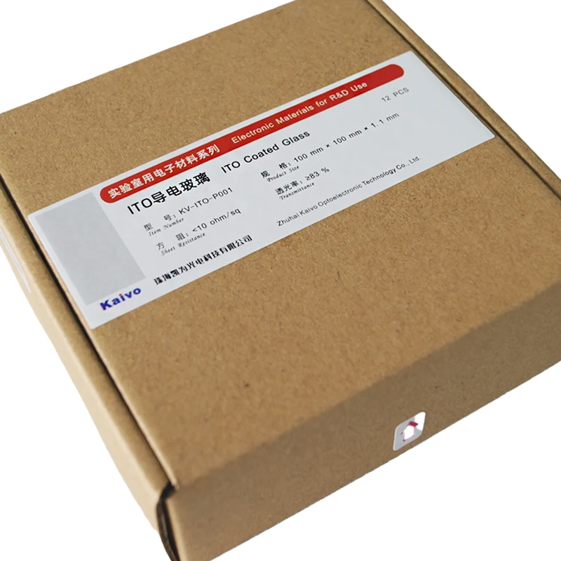 Laboratory ITO conductive glass 100 × 100 × 1.1mm, Less than 10 ohm/sq, 12 pieces per box