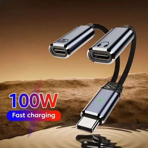 Adaptador de Áudio 2 em 1 USB-C para Duplo Tipo-C com Saída para Fone de Ouvido e Carregador Rápido PD 100W para Samsung, iPhone 15/16, Huawei, Xiaomi