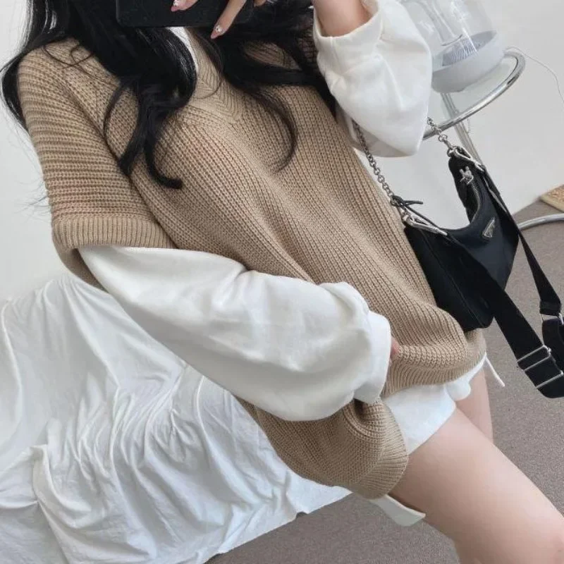 Sweater Vests for Women Fall Winter Baggy Knitwear Korean Style V-neck Comfortable Jumpers Solid Simple Temperament Fashion Cozy