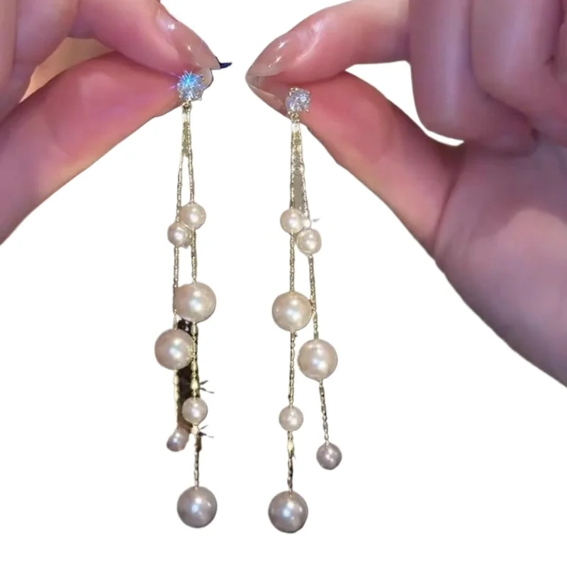 

French light luxury super fairy long pearl fringed earrings simple pearl earrings