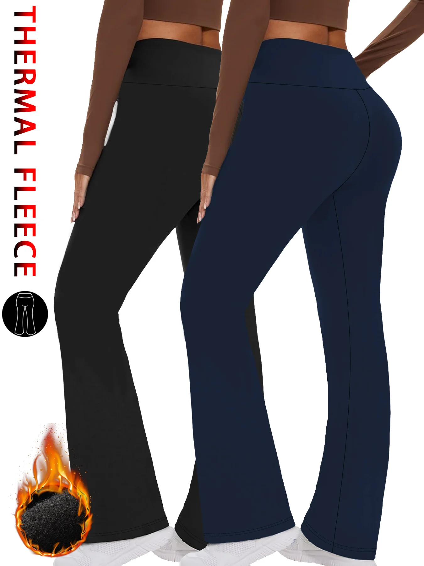 

Комплект из двух женских леггинсов с очень мягкой флисовой подкладкой — расклешенные брюки с высокой талией и контролем живота, идеально подходят для повседневного ношения