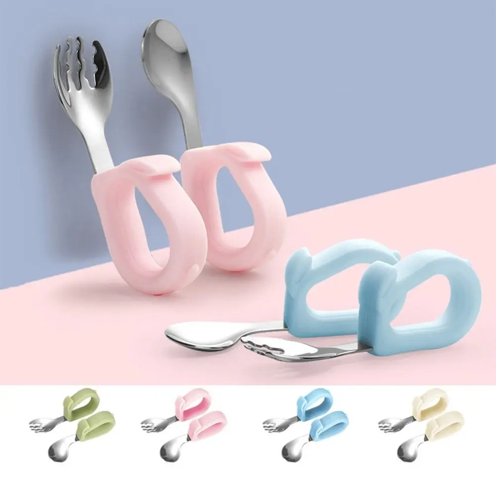 Self Feeding Baby Forks and Spoons Set Silicone Handle Cartoon Rabbit Shape Children Safe Forks with Case Sturdy Baby Dinnerware