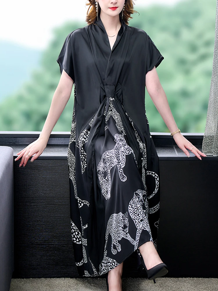 Summer Black Print Natural Silk V-Neck Midi Dress Women Short Sleeve Elegant Bodycon Dress 2024 Korean Vintage Hepburn Vestidos