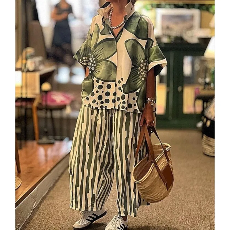 

Summer 2 Piece Set Women Casual Loose Short Sleeve Shirt Wide Leg Pants Flower Print Outfit Ladies Elegant Vintage Suit Clothes