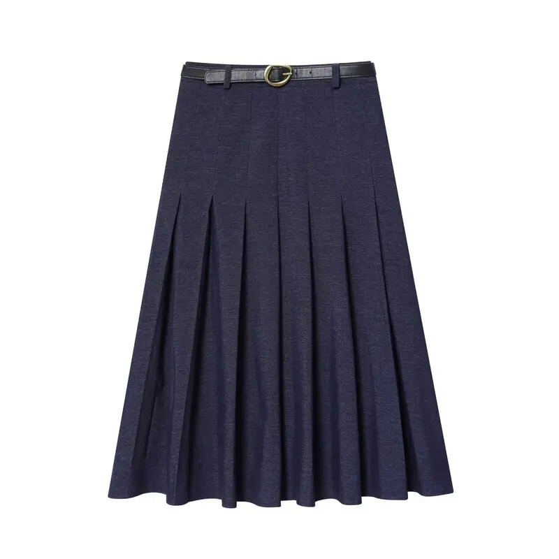 Fall 2025 New Women's Design Sense Denim Pleated  Skirt with Belt mid Waist A-Line Skirt Stand Fit Casual Wear