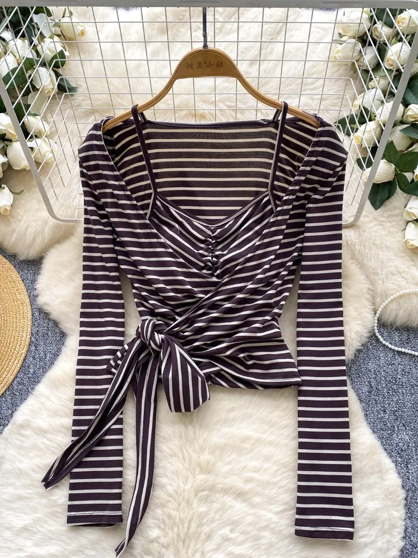 

Foamlina Casual Striped Print T Shirt Top New Spring Autumn Women Long Sleeve Cross Bowknot Slim One-piece Top Female Streetwear