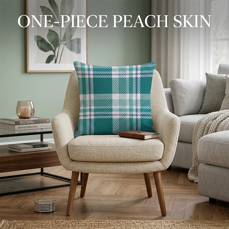 

One-Piece Peach Skin Cushion Cover Modern Teal Plaid Line Watercolor Throw Pillow Case Sofa Living Room Bedroom Home 40x40cm