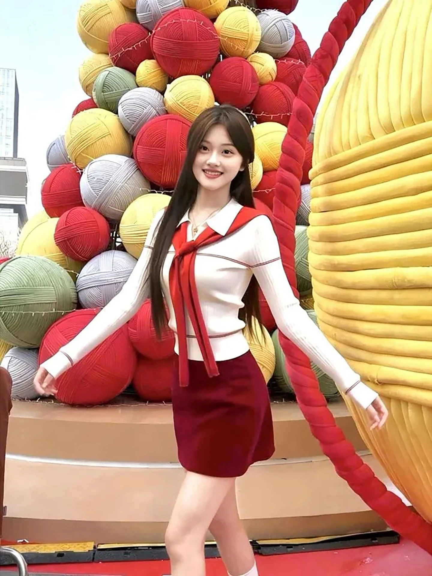 

Bright Korean Sle Faion Set Winter New Year Red Striped Color Blo Top And ort Skirt Women's Long Sve Collared Outfit